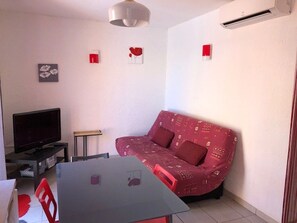 Een woonkamer met een rode gestreepte bank, een flatscreen-televisie, een tafel en een plafondlamp.