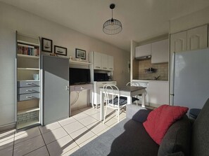 A compact living space with a kitchenette, a dining area, and a sofa. - T1 Apartment with Air Conditioning in Balaruc-les-Bains (Balaruc-les-Bains)