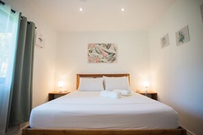 1 bedroom, desk, iron/ironing board, travel cot