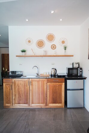 Fridge, microwave, stovetop, electric kettle