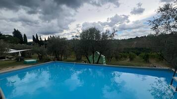 A swimming pool with a clear blue water surface, surrounded by trees and a grassy area.