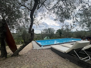 Seasonal outdoor pool, pool umbrellas, pool loungers