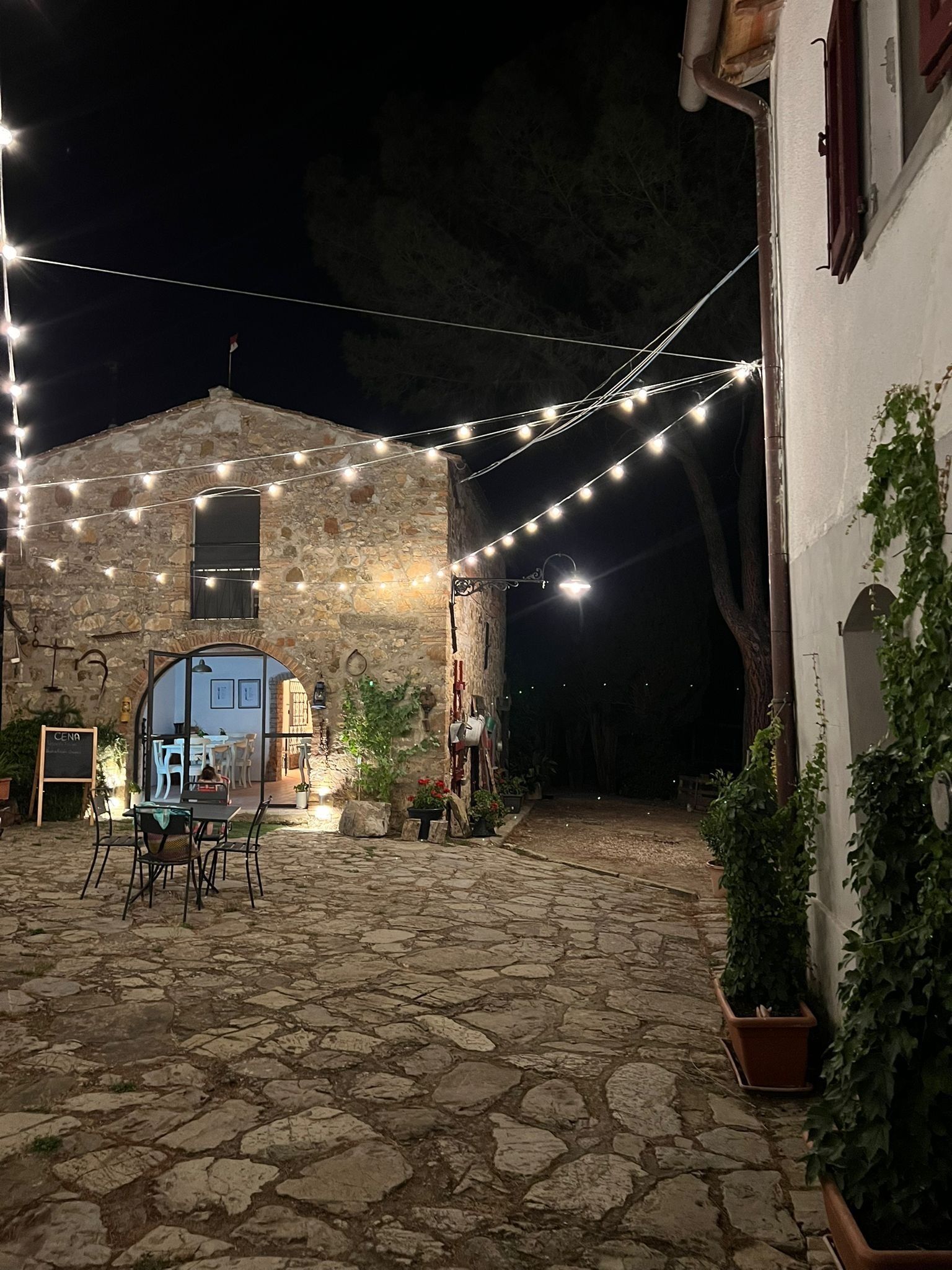 An outdoor stone patio area with string lights, a table with chairs, and potted plants.