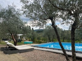Seasonal outdoor pool, pool umbrellas, sun loungers