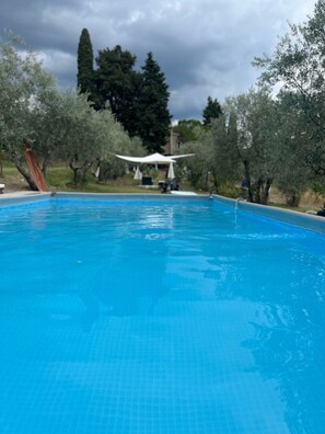 Une piscine dotée d’une terrasse carrelée, entourée d’arbres et surmontée d’une structure en forme de tonnelle blanche.