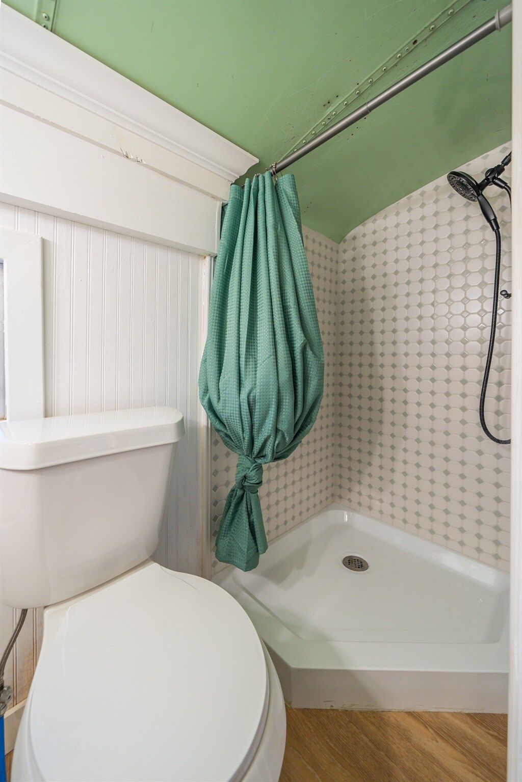 A bathroom with a white toilet, a bathtub, and a shower curtain.