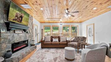 Cabin, Multiple Beds, Patio, Mountain View (Pines and Tines) | Living area | 42-inch flat-screen TV with digital channels, fireplace