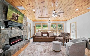 Cabin, Multiple Beds, Patio, Mountain View (Pines and Tines) | Living area | 42-inch flat-screen TV with digital channels, fireplace