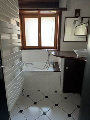 Shower, hair dryer, towels, toilet paper