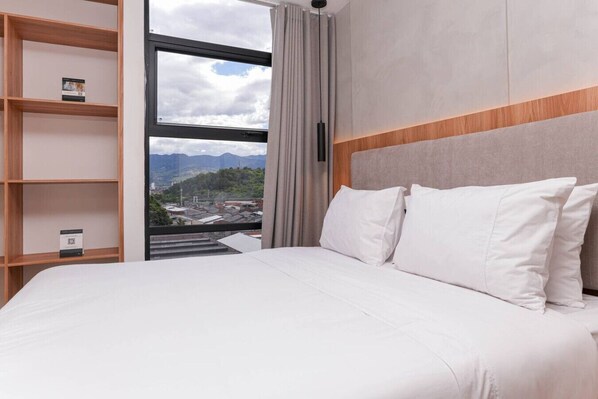 1 bedroom, desk, iron/ironing board, travel cot