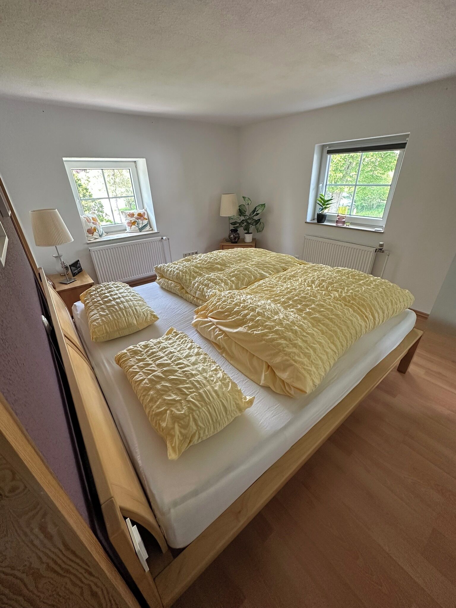 A bedroom with a bed, two bedside tables, a lamp, a potted plant, and two windows.
