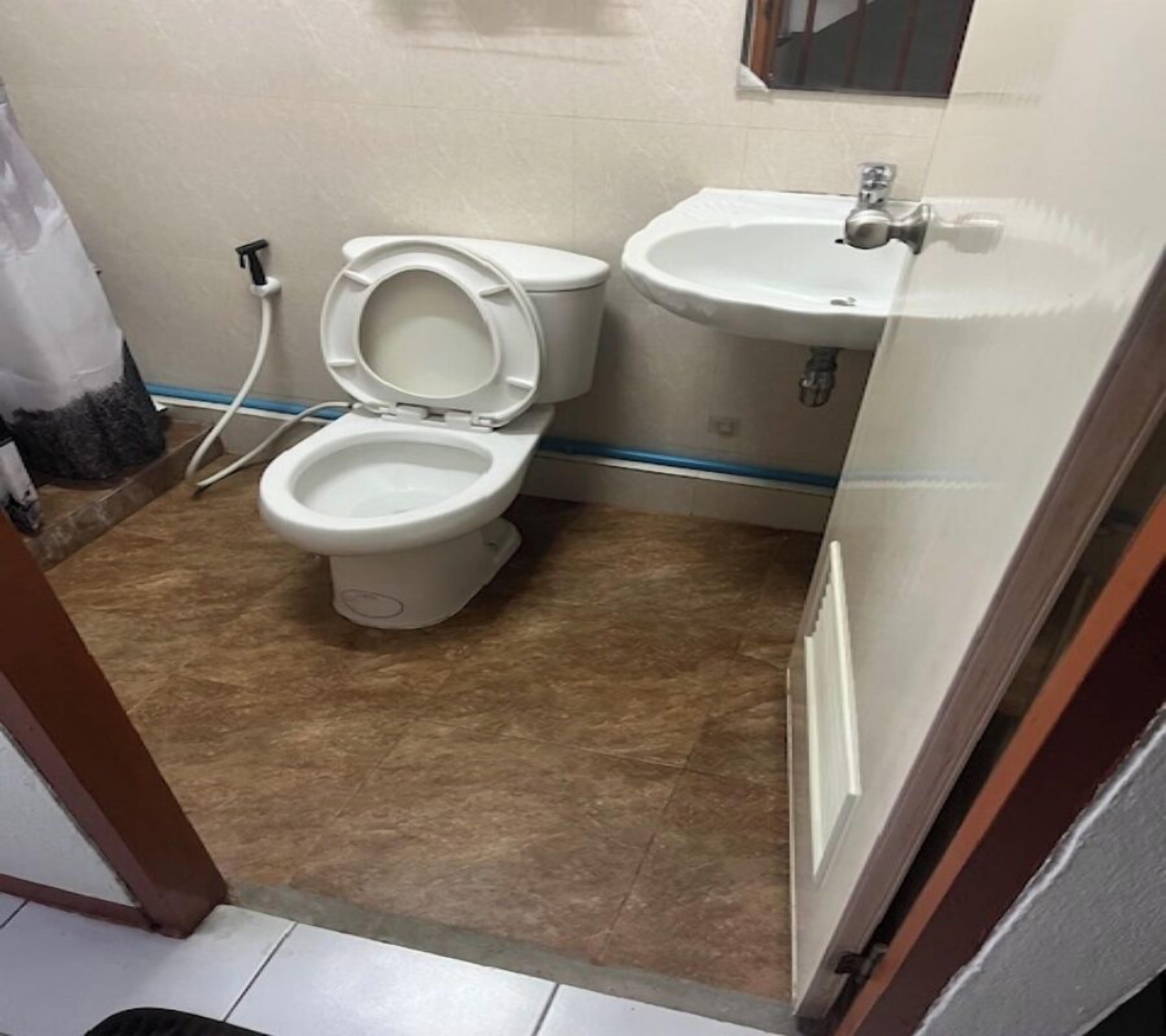 A small bathroom with a toilet, sink, and a shower curtain.