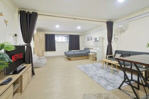 Desk, laptop workspace, blackout drapes, free WiFi