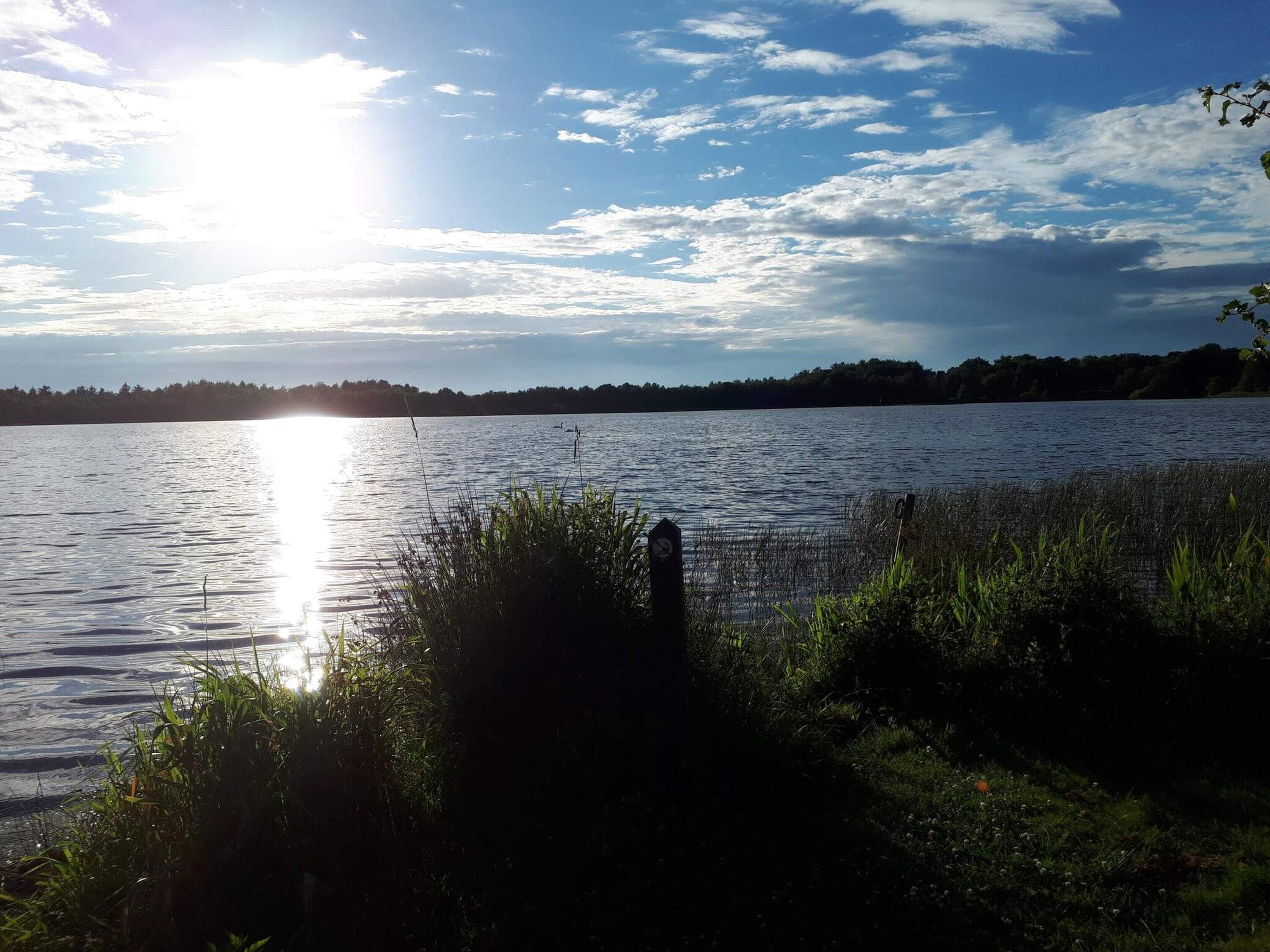 A body of water with a clear sky and sunlight reflecting on the surface.
