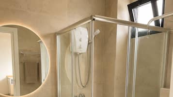 Exclusive Double Room, Pool View | Bathroom | Shower, eco-friendly toiletries, hair dryer, bathrobes