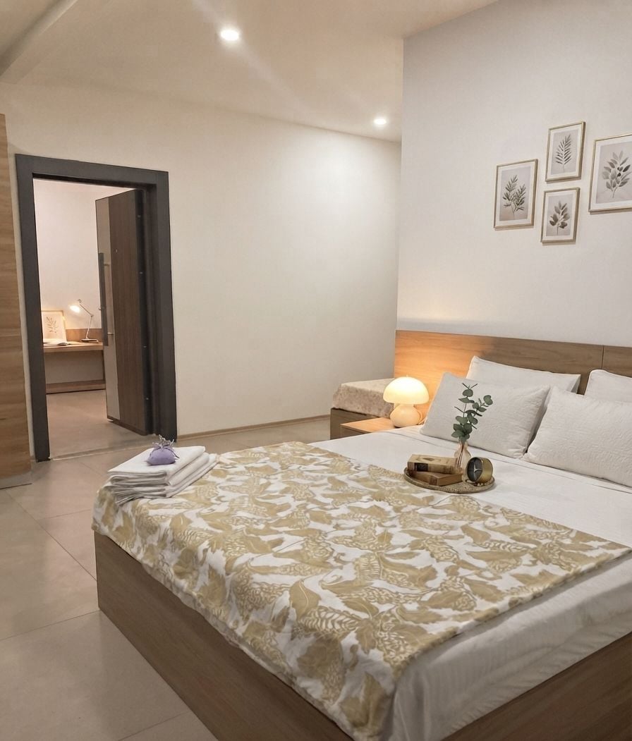 Una habitación de hotel moderna con una cama grande, una mesita de noche con lámpara y vistas a un pasillo.