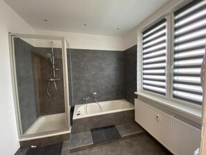 Shower, hair dryer, towels, toilet paper