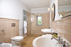 Regadera, secadora de cabello, bidet, toallas 