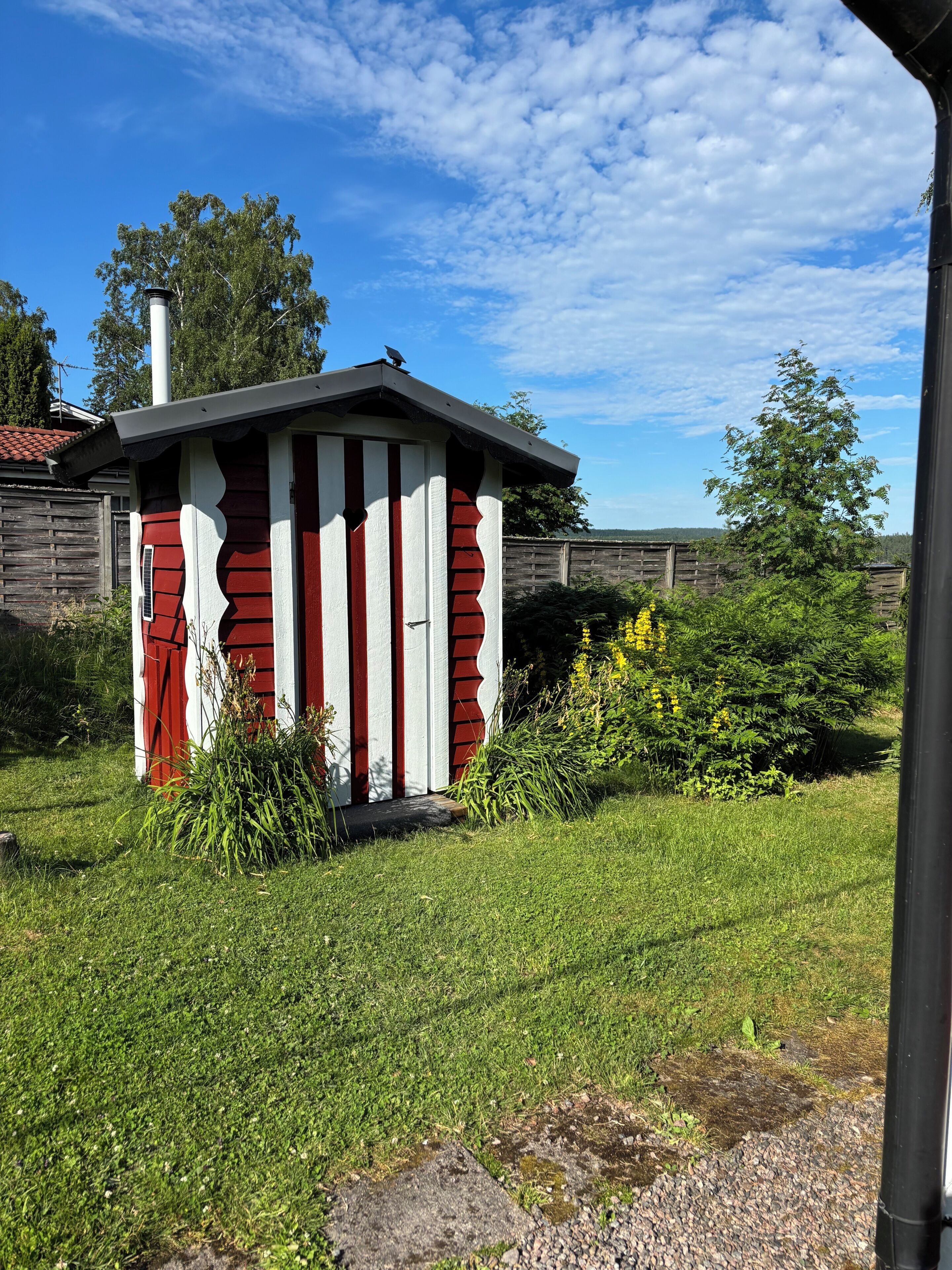 A small, red and white striped shed in a grassy yard with a wooden fence and trees in the background.