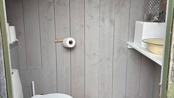 Shower, hair dryer, soap, toilet paper