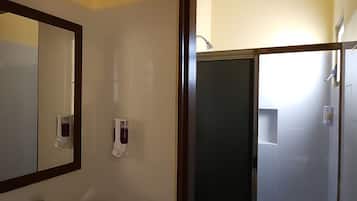 Shower, towels, soap, shampoo