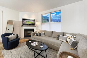 Smart TV, fireplace, books