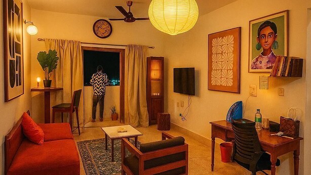 Un salon chaleureux avec un canapé, un fauteuil et un bureau. On y trouve un ventilateur de plafond, une horloge murale et une grande lanterne en papier.