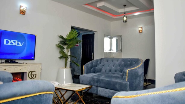 A modern living room with a flat-screen TV, a potted plant, and a blue sofa. - Slim Anyaiwe Apartments (Agbor)