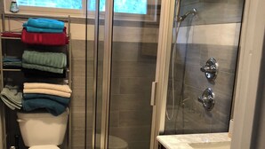 Et moderne badeværelse med en glasafskærmet bruseniche, toilet og et håndvaskarrangement.