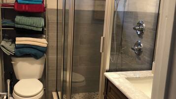 Hair dryer, towels, toilet paper