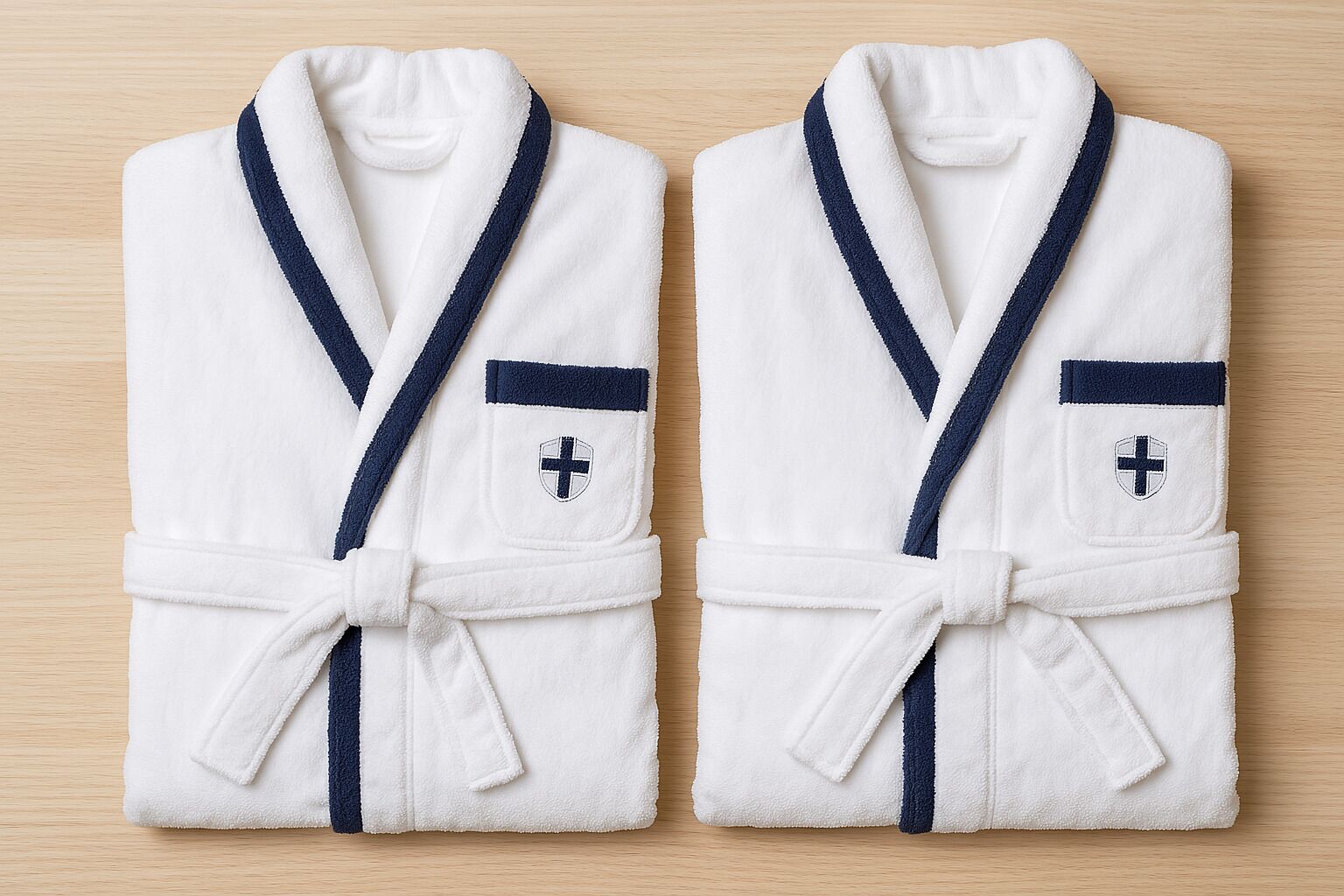 Dos albornoces blancos con detalles en azul marino y un emblema de cruz, doblados sobre una superficie de madera.