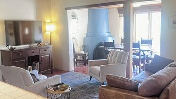 TV, fireplace, books