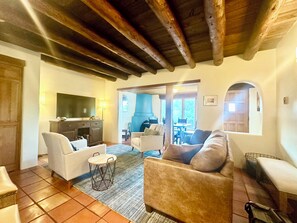 TV, fireplace, books