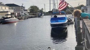 A waterfront scene with a swan swimming in the water, a dock with a boat, and a water tower in the background. - Unique Home on Peaceful Waterfront (Stafford Township)