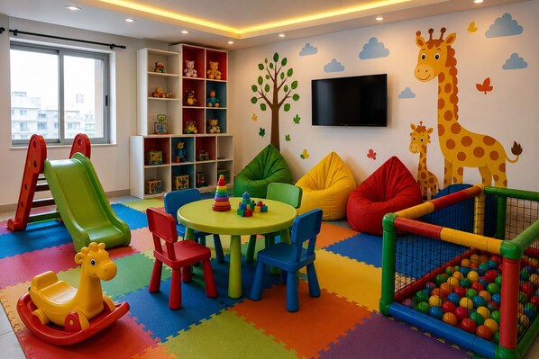 A children's playroom with a slide, play table, bean bags, and a ball pit.