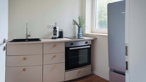 A kitchen with a built-in oven, a sink, and a window above the sink. - Boutique Suite by the Park w Parking (Celle)
