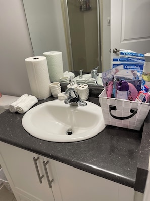Shower, towels, soap, toilet paper