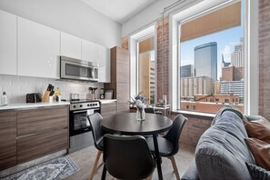 Fridge, microwave, oven, stovetop