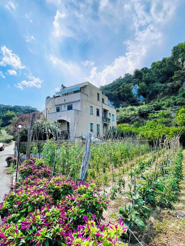 A building with a flat roof, multiple windows, and a balcony. - Saracen Bay, renovated apartment for 6 people with a garden and parking space (Varigotti)