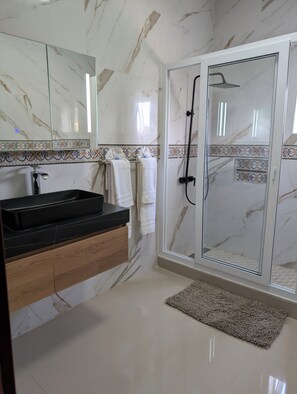 Hair dryer, towels, soap, toilet paper