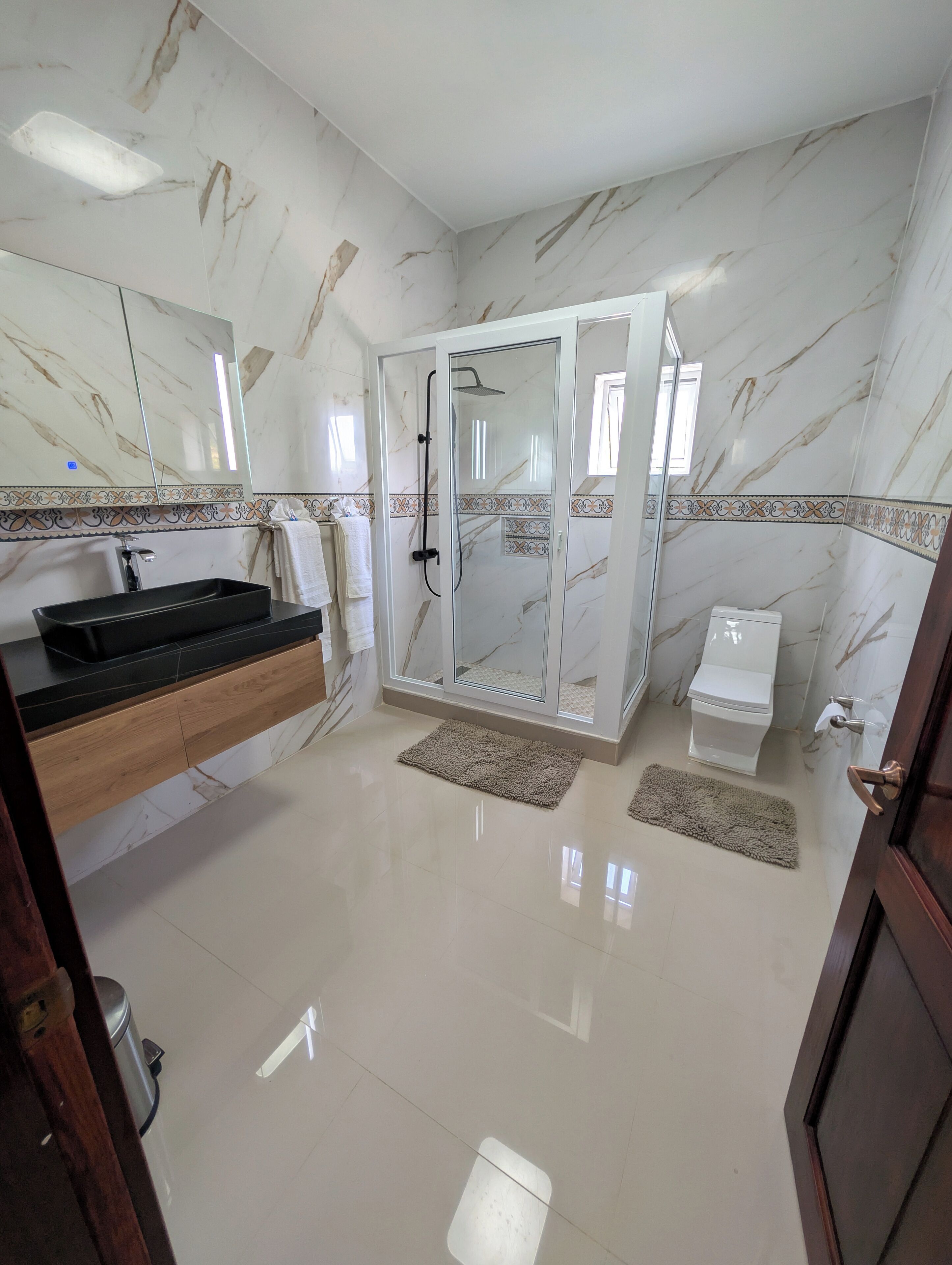 Hair dryer, towels, soap, toilet paper