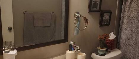 A bathroom with a large mirror, a sink with a faucet, a toilet, and a towel rack.