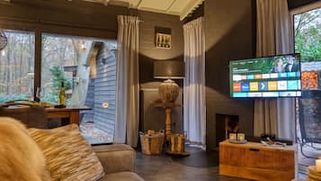 Een televisie en een open haard