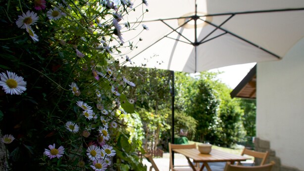 En udendørs patio med et bord og stole under en stor parasol, omgivet af blomstrende planter.