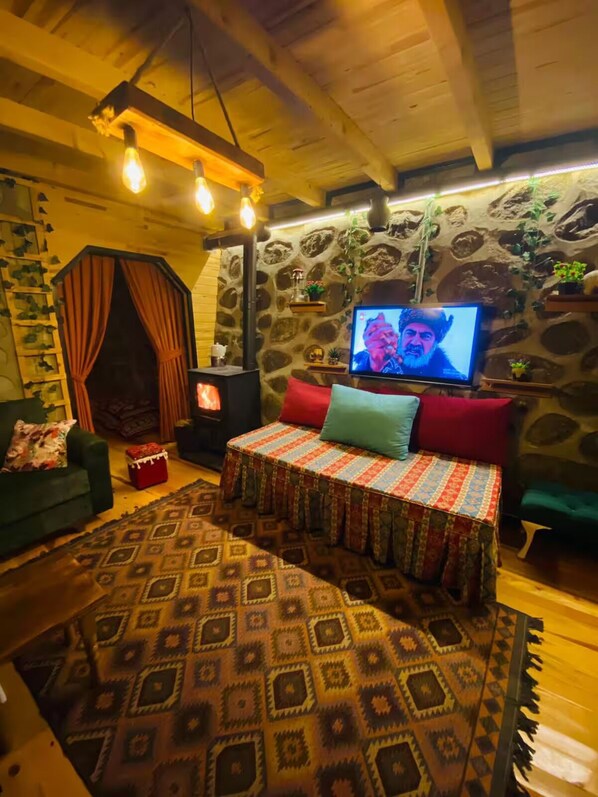Une pièce chaleureuse avec un mur en pierre, une cheminée, un téléviseur et un tapis à motifs.