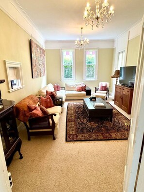 TV, fireplace, DVD player, books