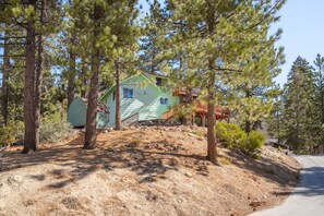 A two-story house with a green roof, surrounded by pine trees, and a wooden deck.
