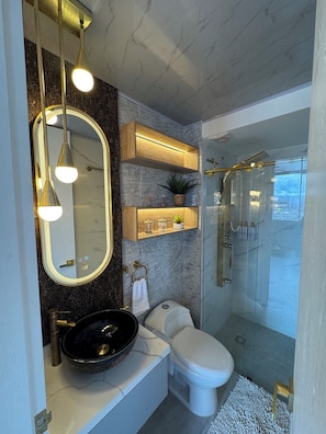 Shower, jetted tub, hair dryer, towels