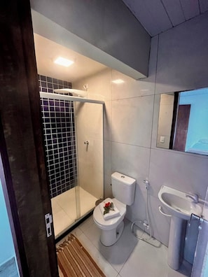 Hair dryer, towels, soap, toilet paper