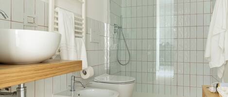 Hair dryer, towels, soap, toilet paper